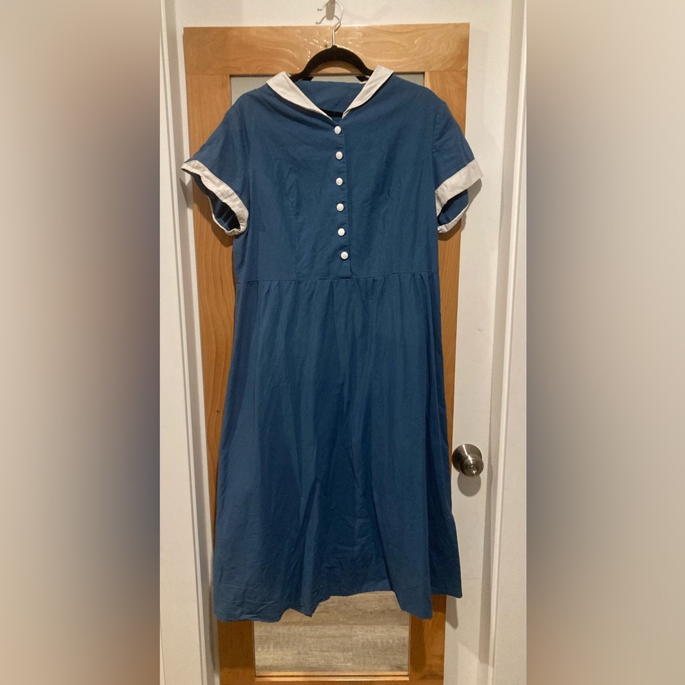 Handmade Vintage Blue Dress with White Accents